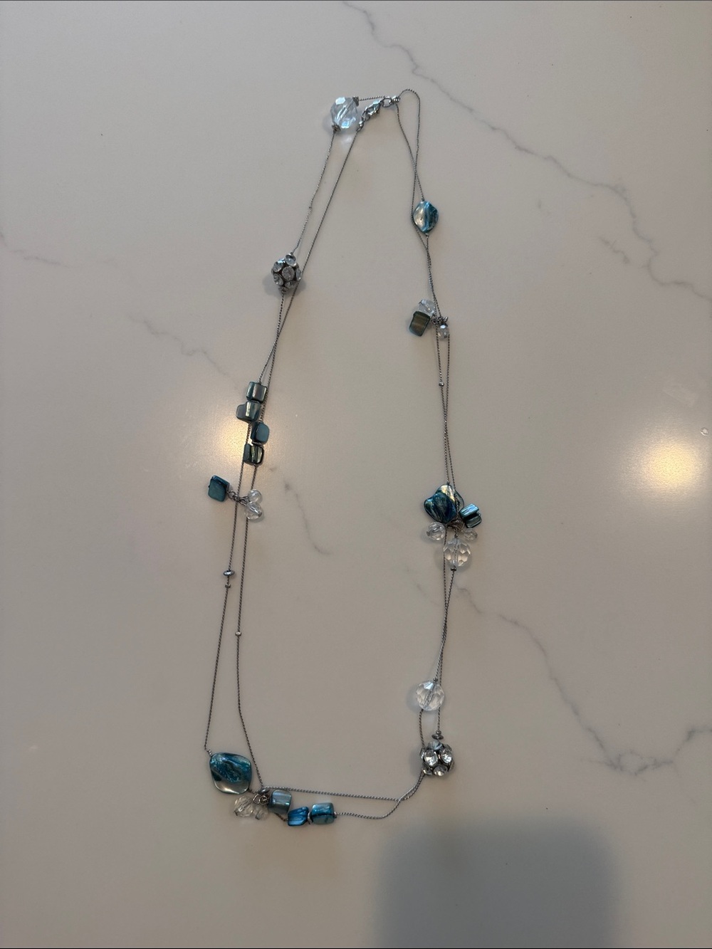 Layered Silver-Tone Necklace with Blue and Clear Beads